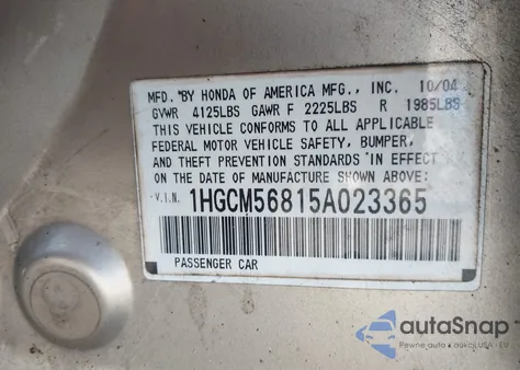 2005 Honda Accord 2.4 Ex из США, поврежденный, VIN 1HGCM56815A023365